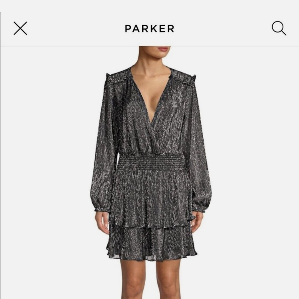 Parker "Brianna" Metallic black silver mini dress ruffles long sleeves women's S